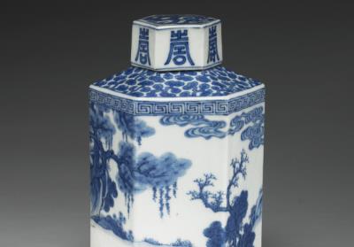 图片[2]-Hexagonal tea caddy with decoration of figures amid a landscape in underglaze blue, Qing dynasty, Kangxi reign (1662-1722)-China Archive